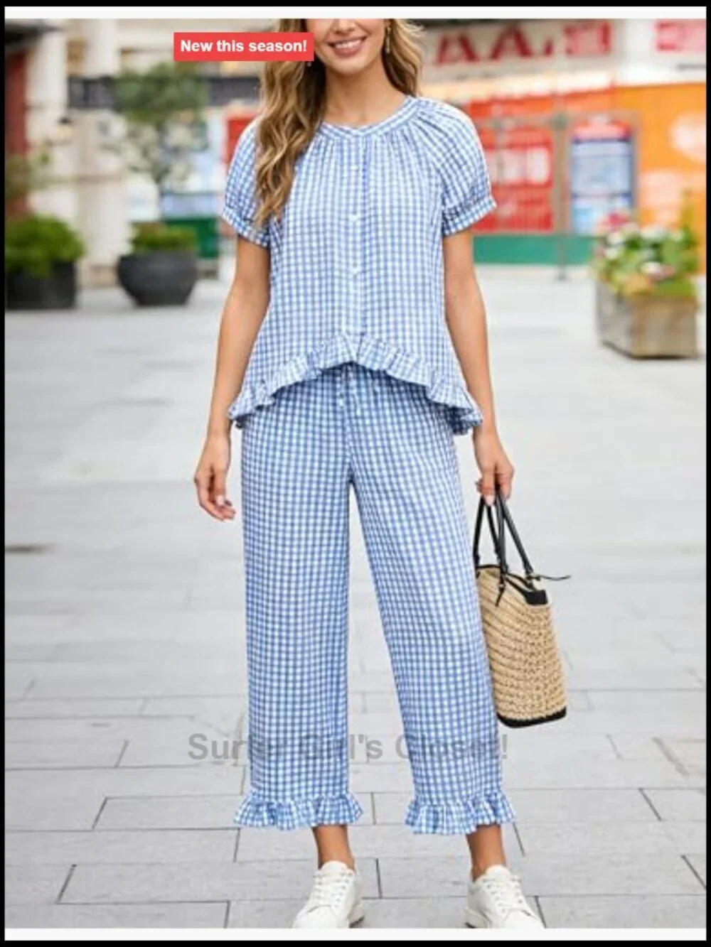 Women's 2 Piece Gingham Pajama Set Cotton Button Down Short Sleeve Ruffle